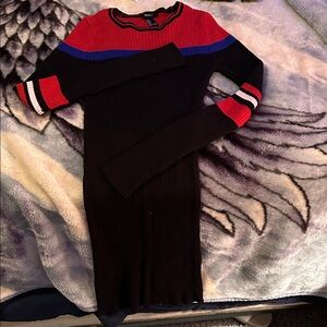 Forever 21 Black Ribbed Long Sleeve Dress with Red & Blue Accents